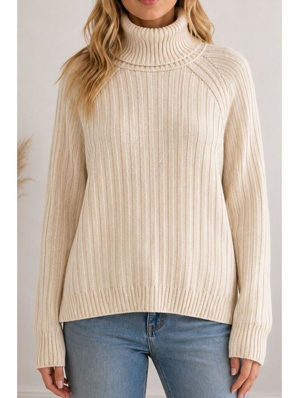 Free People Big City Turtleneck Sweater Sand Combo Ribbed Oversized